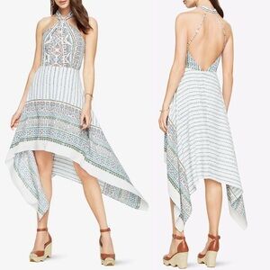 $298‼️ BCBGMAXAZRIA HALTER SCARF FLOWY SEXY WEDDING PARTY DRESS ASYMMETRICAL 0